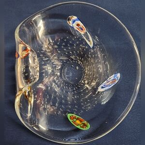 Vintage Murano Millefiori Glass Sculpted Wave Bowl Art Glass Bubbles